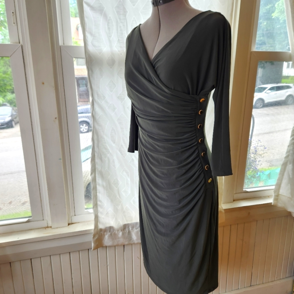 Ralph Lauren size 6 Army Olive Green Gold Button Ruched Long Sleeve Dress